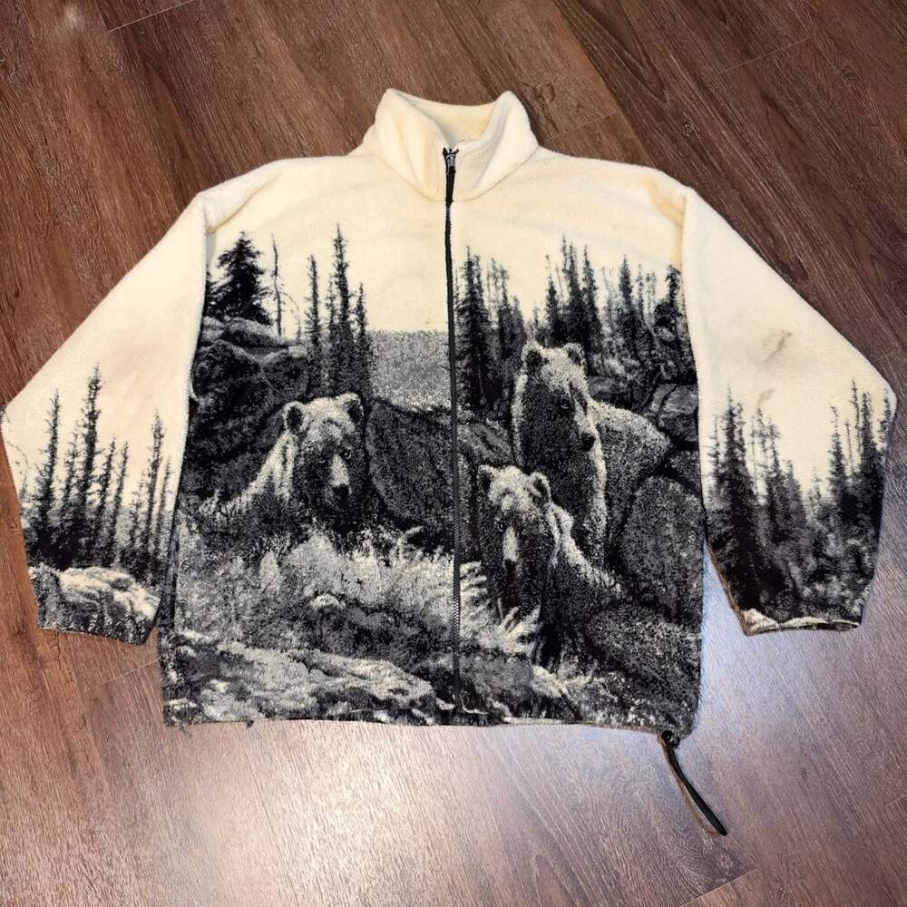 Vintage Bear Ridge Outfitter Full Zip Fleece Jacket XL Bear Forest Print AOP